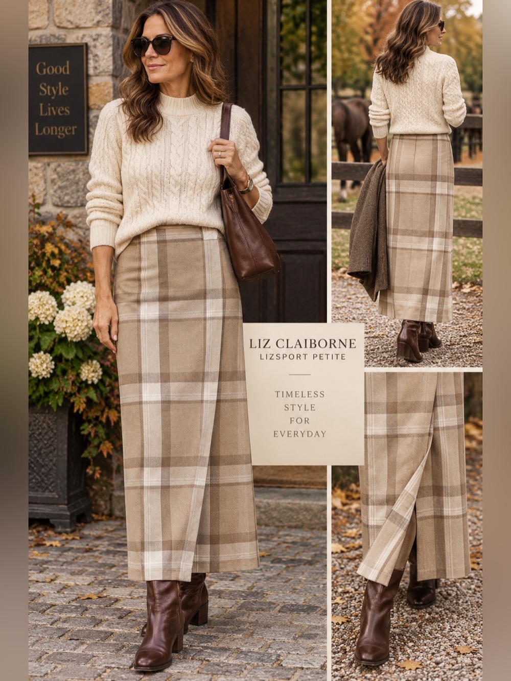 Y2K Liz Claiborne Lizsport Petite Plaid Maxi Wrap Skirt 12P Neutral Pencil